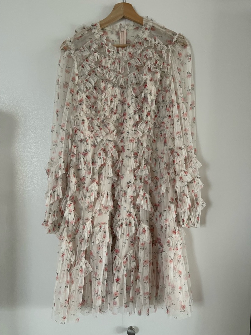 Needle & Thread Floral Ruffle Tiered Mini Dress in Ivory with Pink Roses